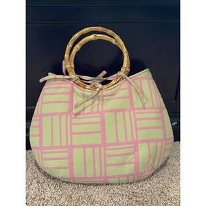 Miss Priss Purse With Personality Green and Pink cloth with Bamboo Handle